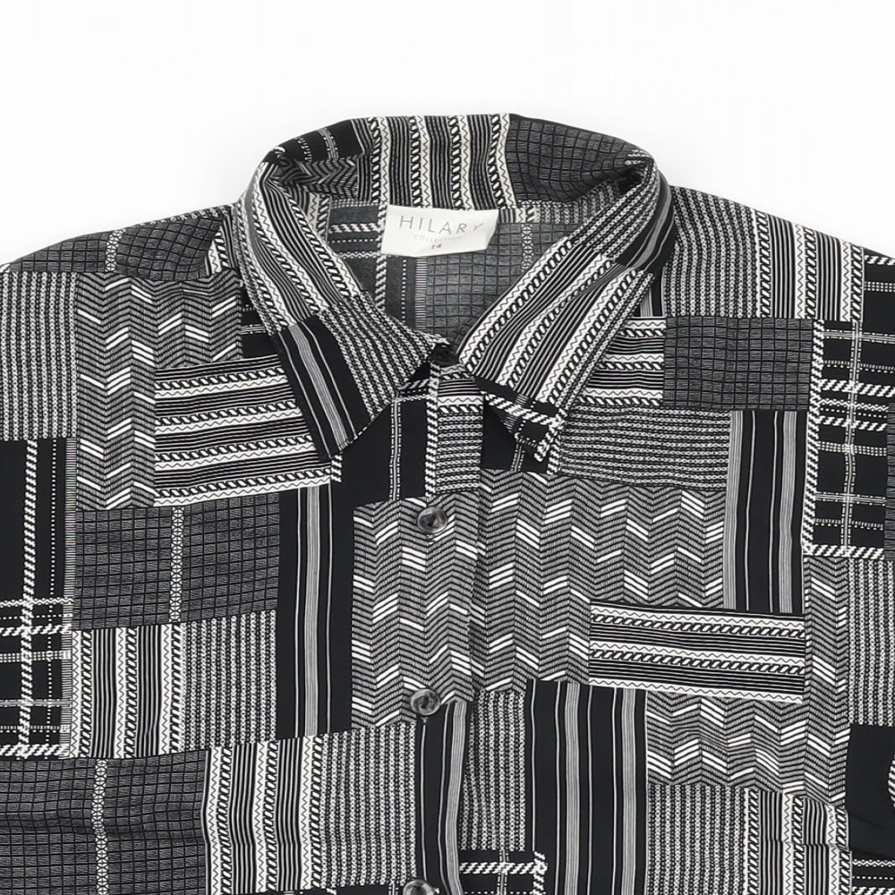 Hilary Womens Black Geometric Polyester Basic Button-Up Size 14 Collared