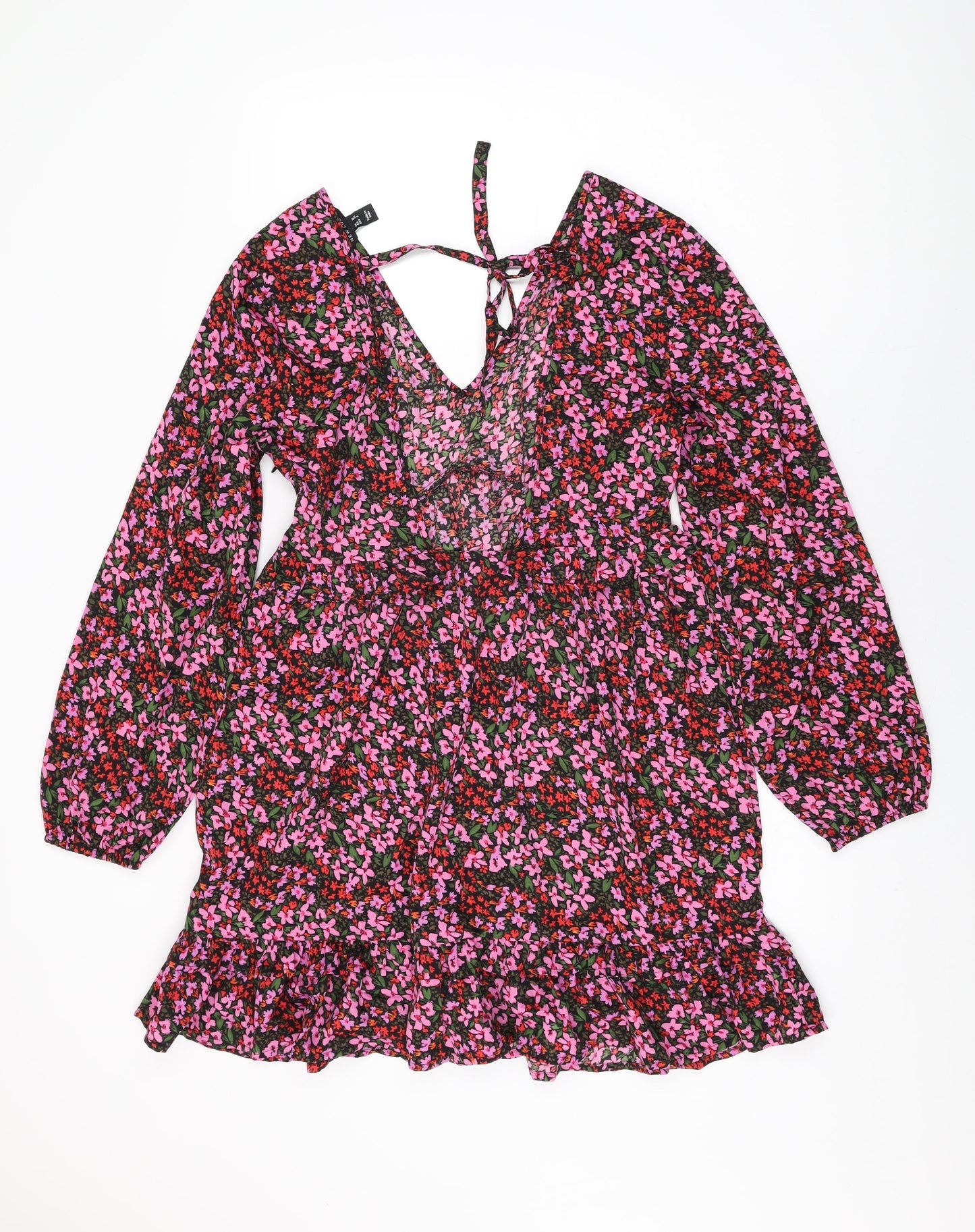 New Look Womens Black Floral Polyester Shift Size 12 V-Neck Zip