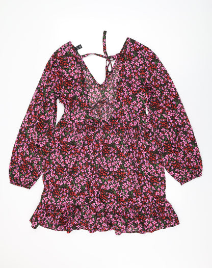 New Look Womens Black Floral Polyester Shift Size 12 V-Neck Zip