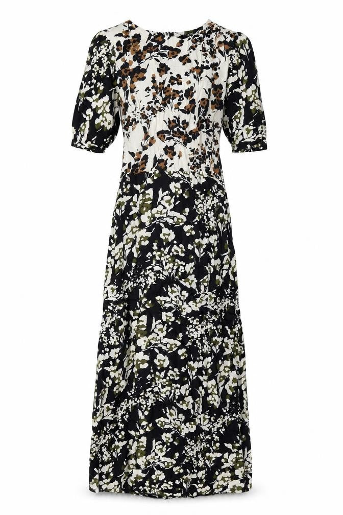 Front view of Nerxt women’s black geometric viscose a-line, size UK 6, round neck zip