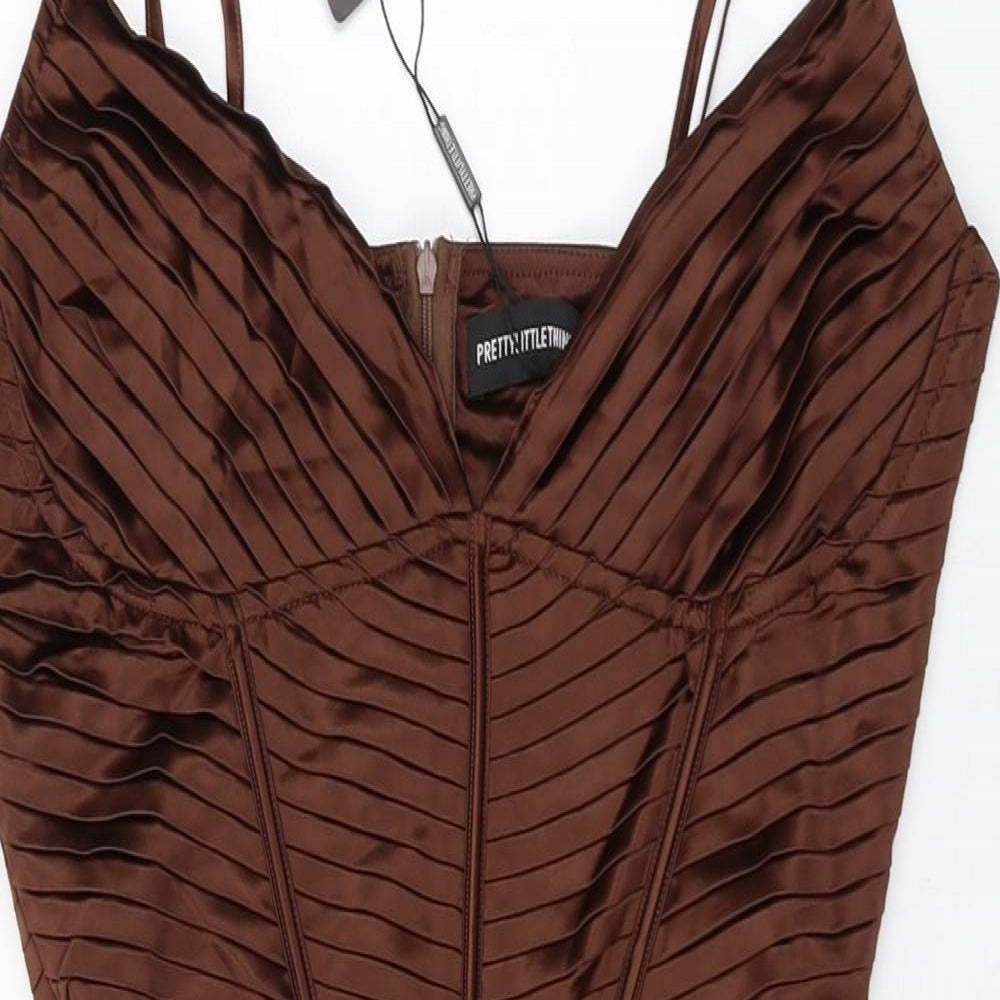 PRETTYLITTLETHING Womens Beige Polyester Mini Size 12 V-Neck Zip