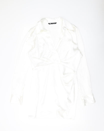 Zara Womens White Polyester Shirt Dress Size M Collared Zip