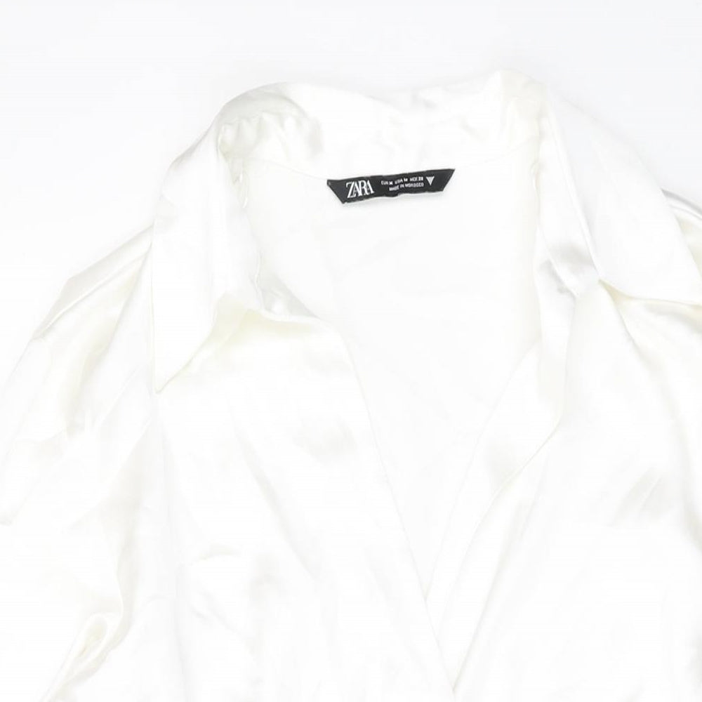 Zara Womens White Polyester Shirt Dress Size M Collared Zip