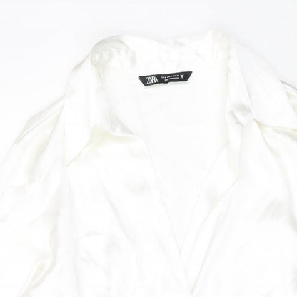 Zara Womens White Polyester Shirt Dress Size M Collared Zip