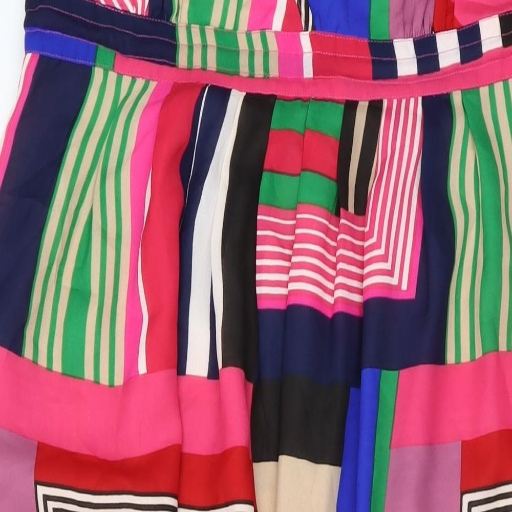 Close-up detail of Accesorize women’s multicoloured geometric polyester a-line, size L, v-neck pullover