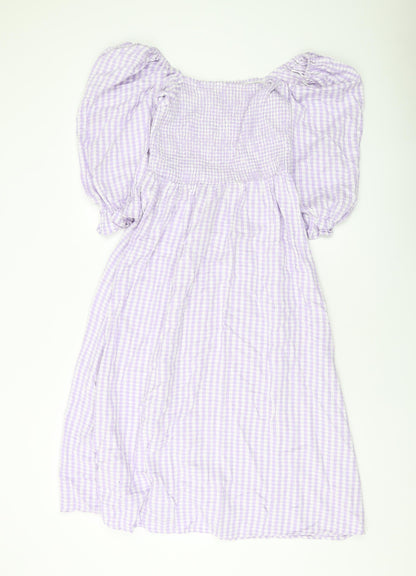 New Lookj Womens Purple Check Cotton A-Line Size 10 Square Neck Pullover