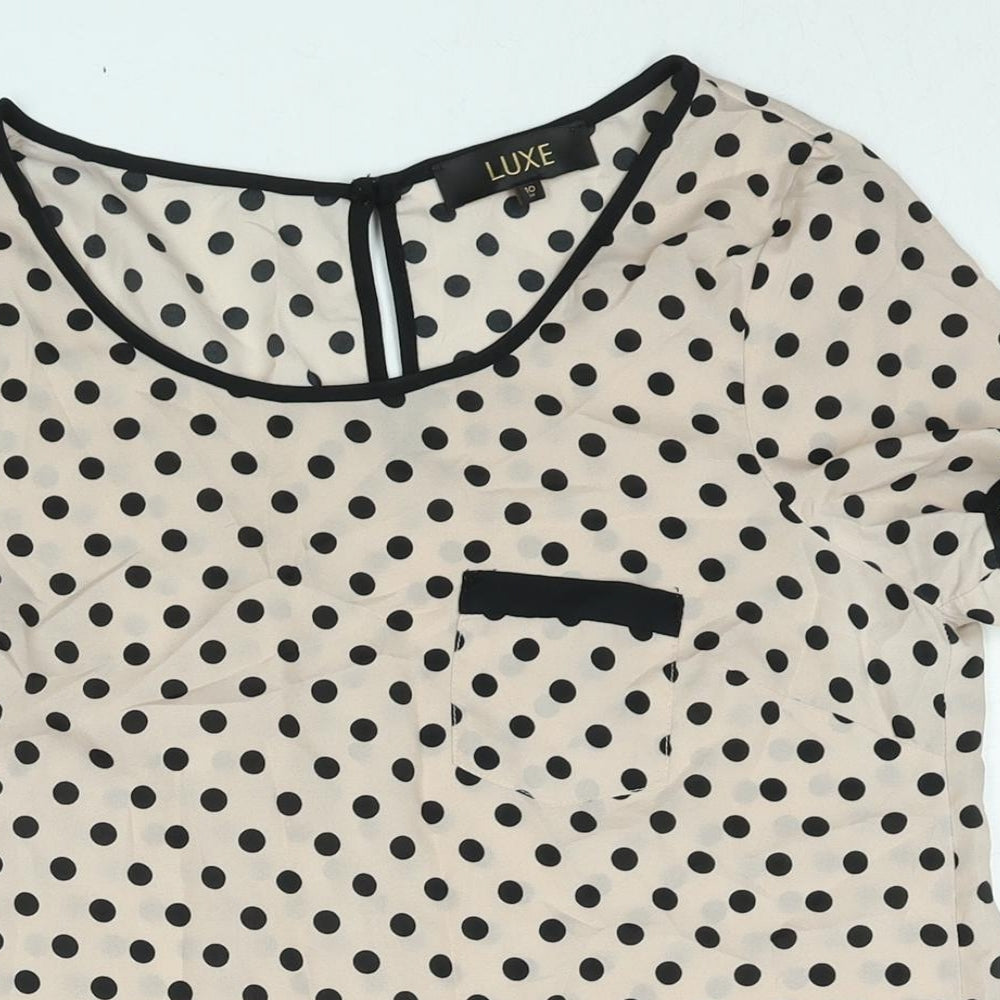 Luxe Womens Pink Polka Dot Polyester Basic Blouse Size 10 Round Neck