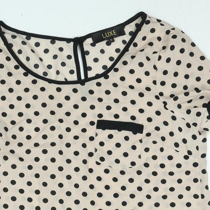 Luxe Womens Pink Polka Dot Polyester Basic Blouse Size 10 Round Neck