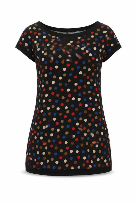 Front view of Principles women’s black polka dot viscose mini, size UK 10, boat neck pullover