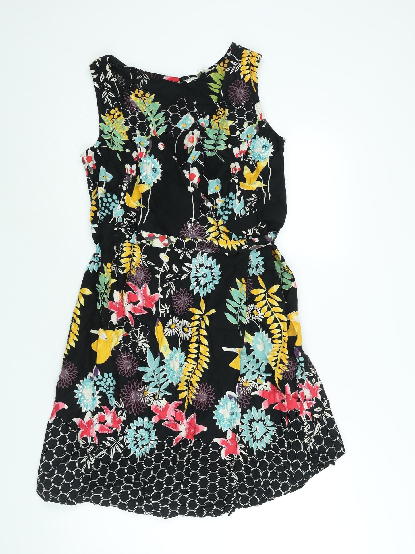 Uttam Boutique Womens Black Floral Cotton Wrap Dress Size 14 V-Neck Tie - Sequin Detail