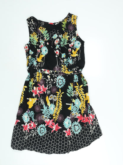 Uttam Boutique Womens Black Floral Cotton Wrap Dress Size 14 V-Neck Tie - Sequin Detail