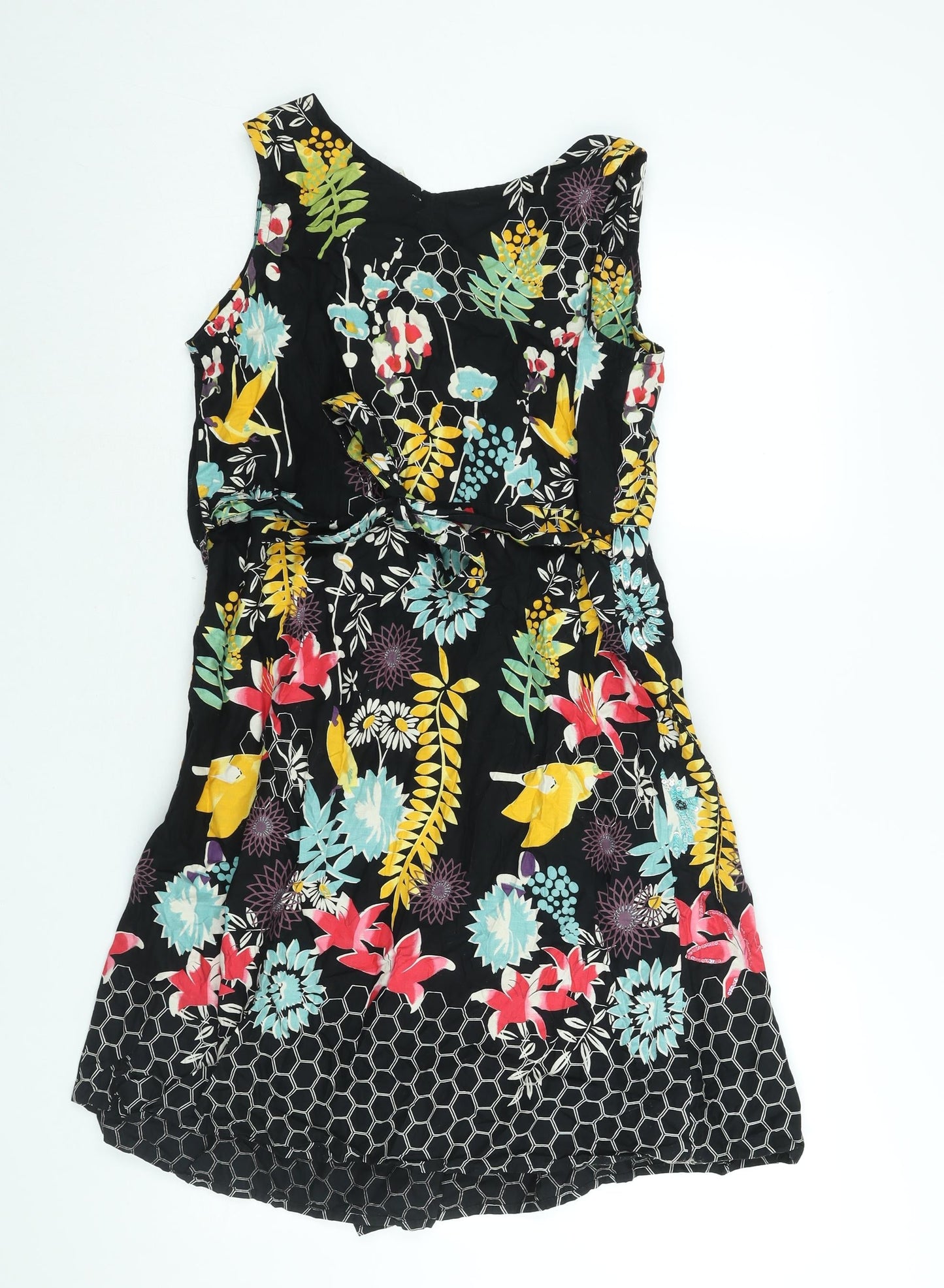 Uttam Boutique Womens Black Floral Cotton Wrap Dress Size 14 V-Neck Tie - Sequin Detail