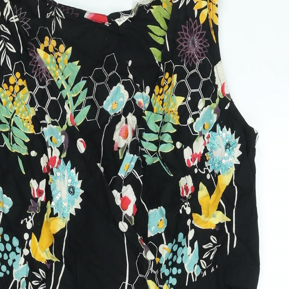 Uttam Boutique Womens Black Floral Cotton Wrap Dress Size 14 V-Neck Tie - Sequin Detail