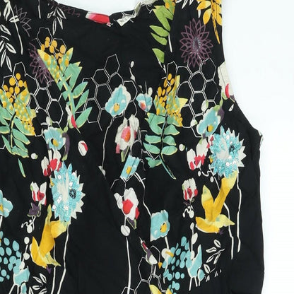 Uttam Boutique Womens Black Floral Cotton Wrap Dress Size 14 V-Neck Tie - Sequin Detail