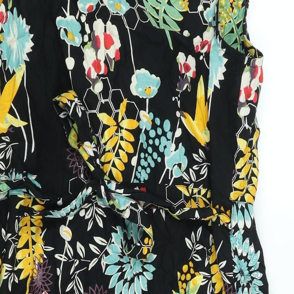 Uttam Boutique Womens Black Floral Cotton Wrap Dress Size 14 V-Neck Tie - Sequin Detail