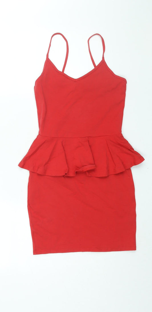New Look Womens Red Polyester Mini Size 8 Scoop Neck Pullover - Peplum Frill