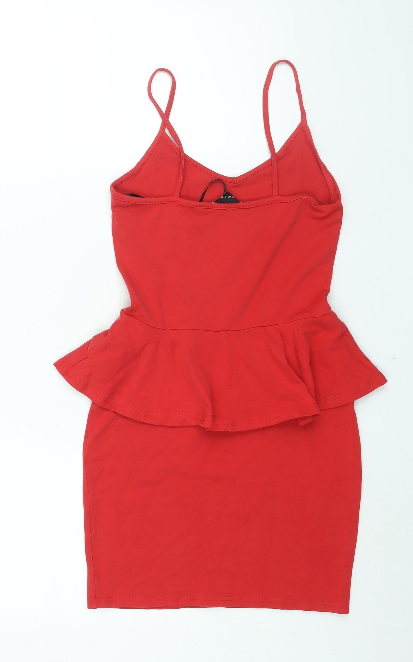 New Look Womens Red Polyester Mini Size 8 Scoop Neck Pullover - Peplum Frill