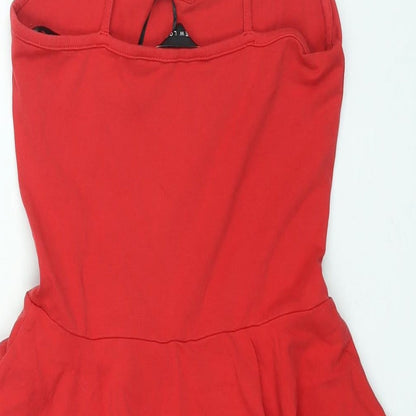 New Look Womens Red Polyester Mini Size 8 Scoop Neck Pullover - Peplum Frill