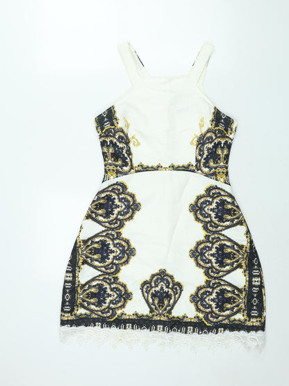 AX Paris Womens White Geometric Polyester A-Line Size 10 Square Neck Zip - Lace Trim