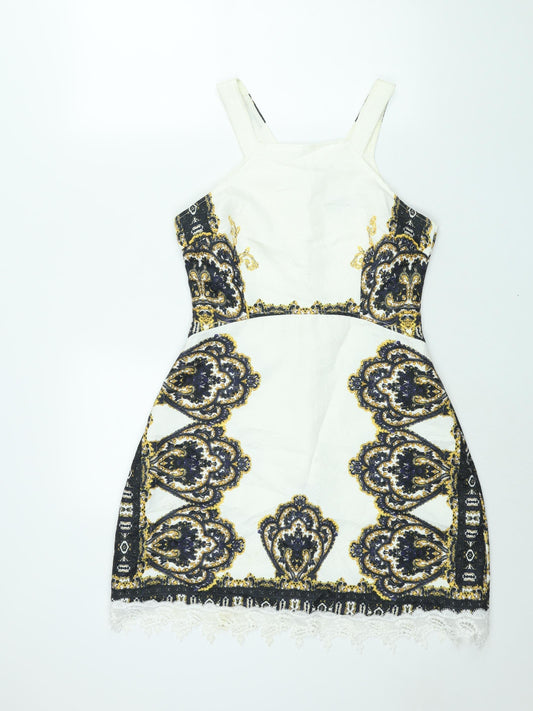 AX Paris Womens White Geometric Polyester A-Line Size 10 Square Neck Zip - Lace Trim