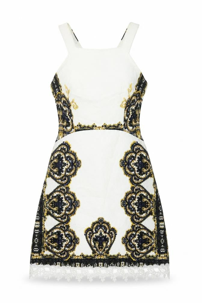 AX Paris Womens White Geometric Polyester A-Line Size 10 Square Neck Zip - Lace Trim
