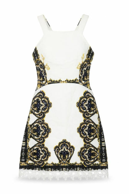 AX Paris Womens White Geometric Polyester A-Line Size 10 Square Neck Zip - Lace Trim