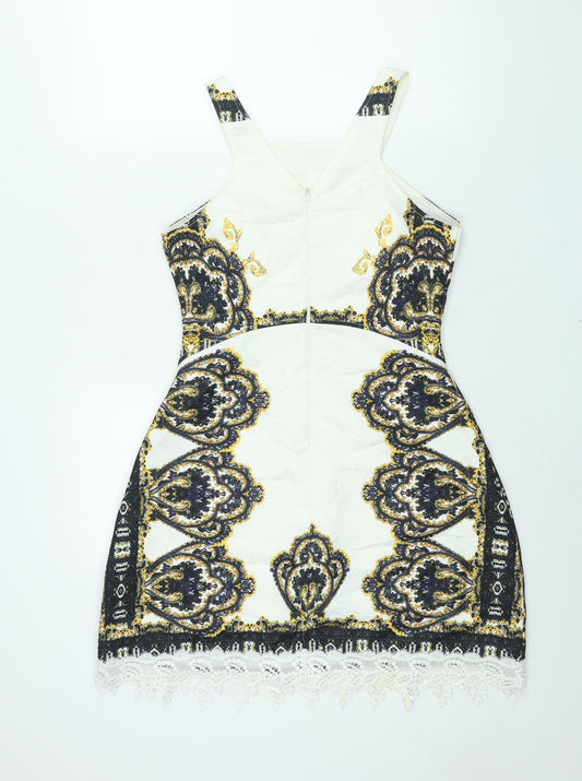 AX Paris Womens White Geometric Polyester A-Line Size 10 Square Neck Zip - Lace Trim