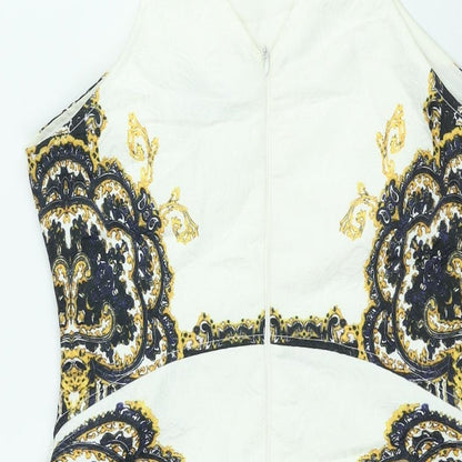 AX Paris Womens White Geometric Polyester A-Line Size 10 Square Neck Zip - Lace Trim