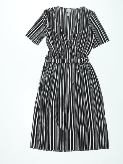 ASOS Womens Black Striped Polyester Shift Size 8 V-Neck Pullover - Belted Plisse
