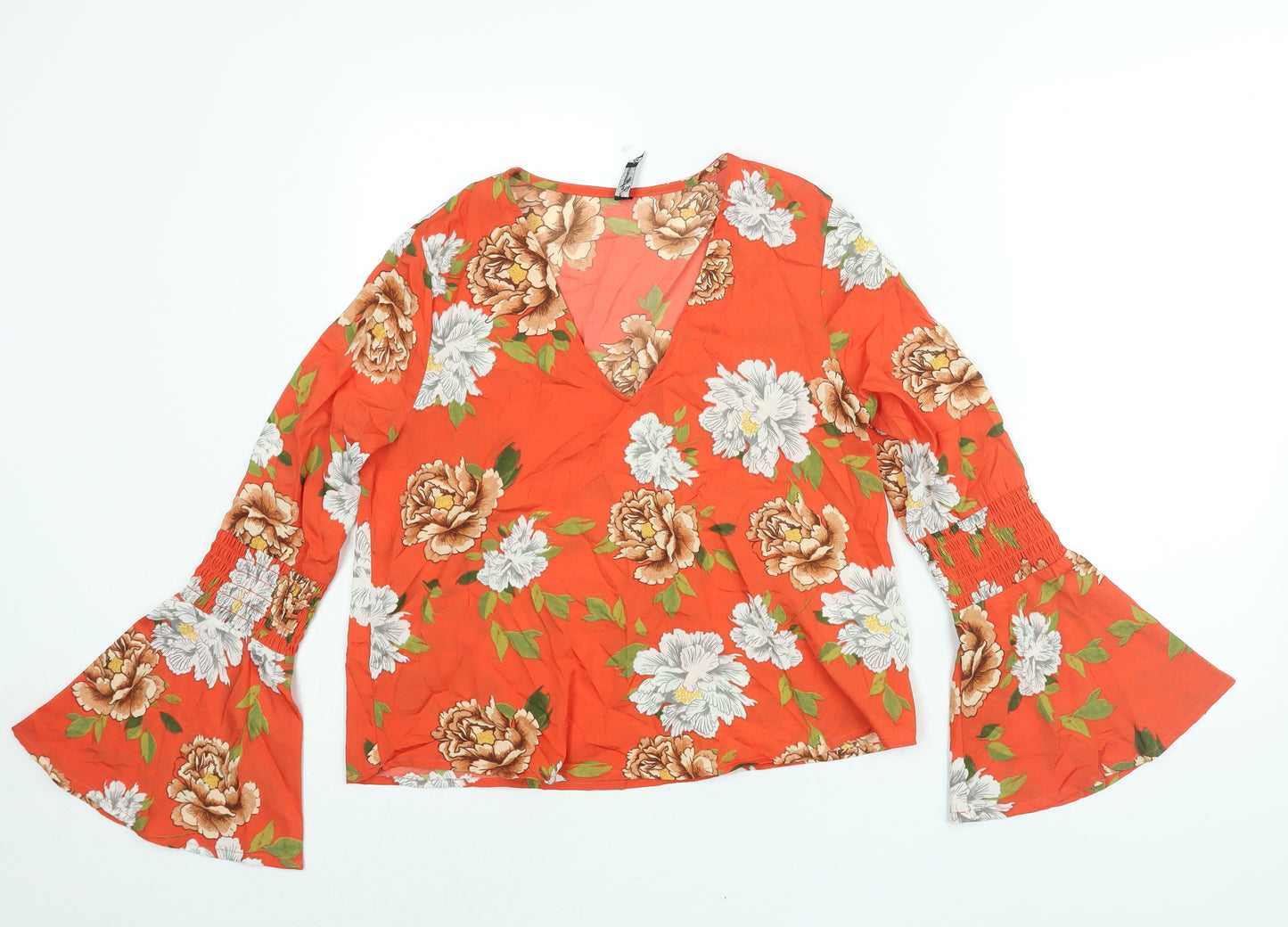 Influence Womens Red Floral Polyester Basic Blouse Size 12 V-Neck - Bell Sleeve