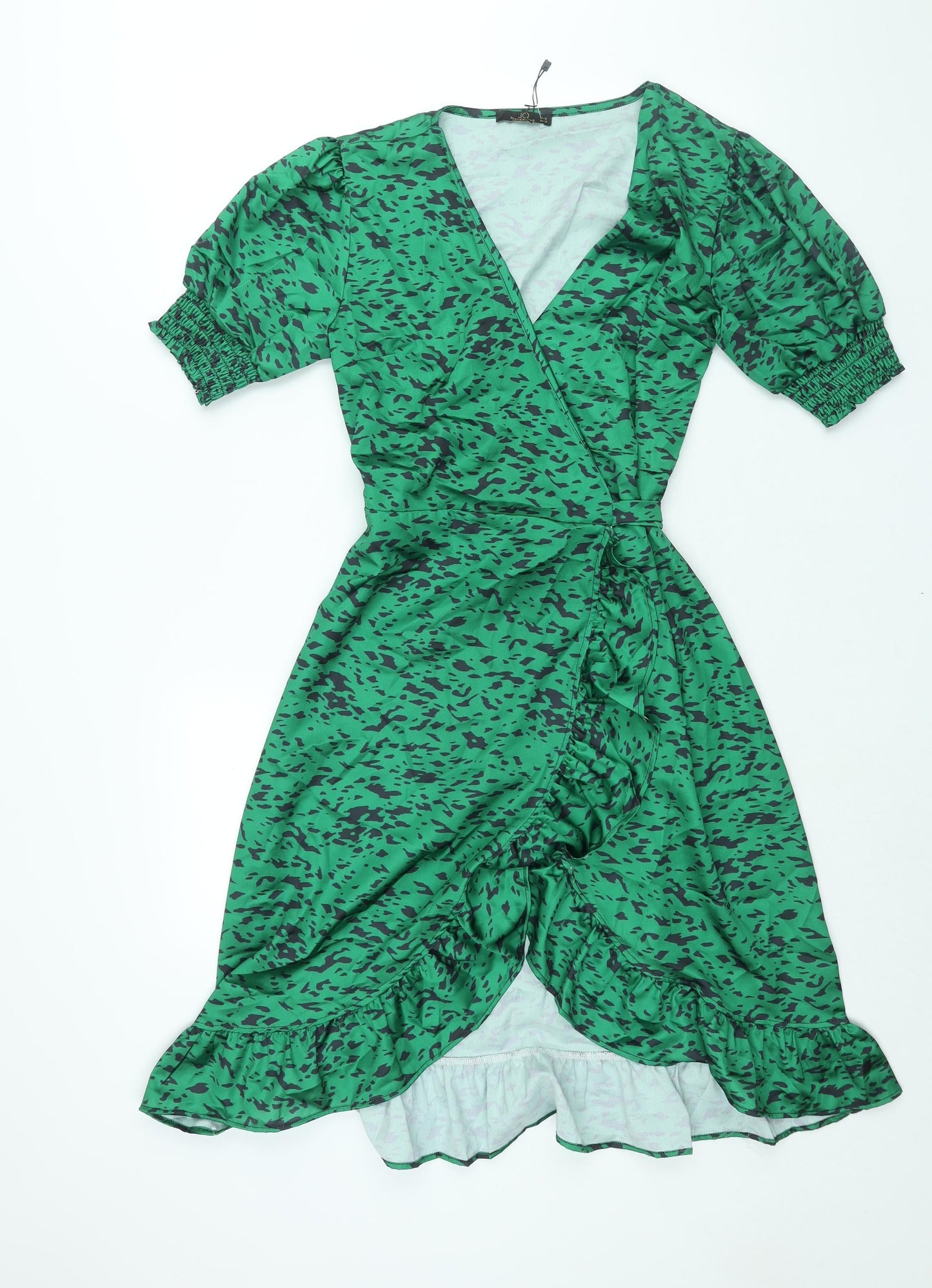 Jenerique Womens Green Geometric Polyester Wrap Dress Size 10 V-Neck Tie - Frill