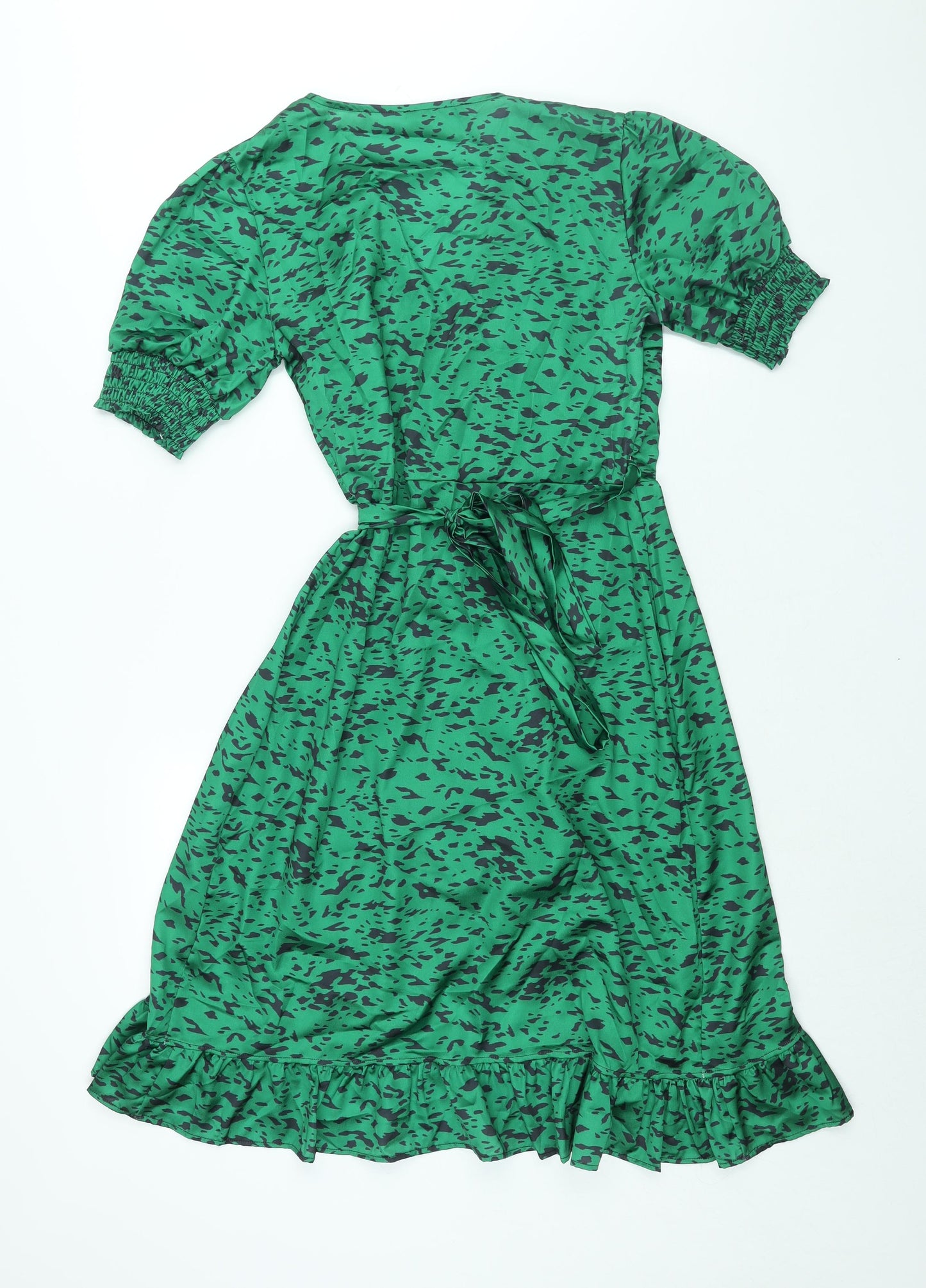 Jenerique Womens Green Geometric Polyester Wrap Dress Size 10 V-Neck Tie - Frill