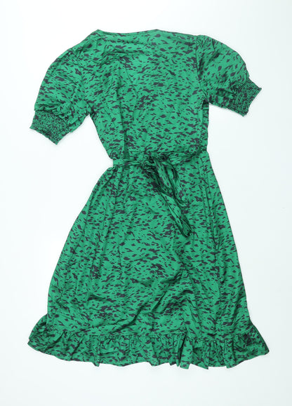 Jenerique Womens Green Geometric Polyester Wrap Dress Size 10 V-Neck Tie - Frill