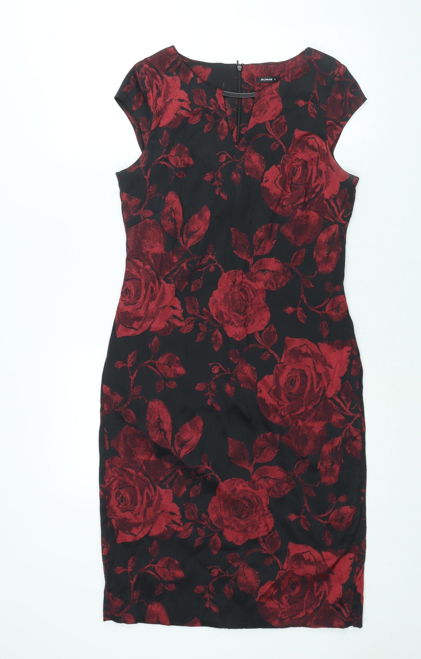 Roman Womens Red Floral Polyester Shift Size 12 V-Neck Zip