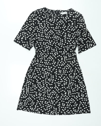 Warehouse Womens Black Floral Viscose A-Line Size 10 Round Neck Zip