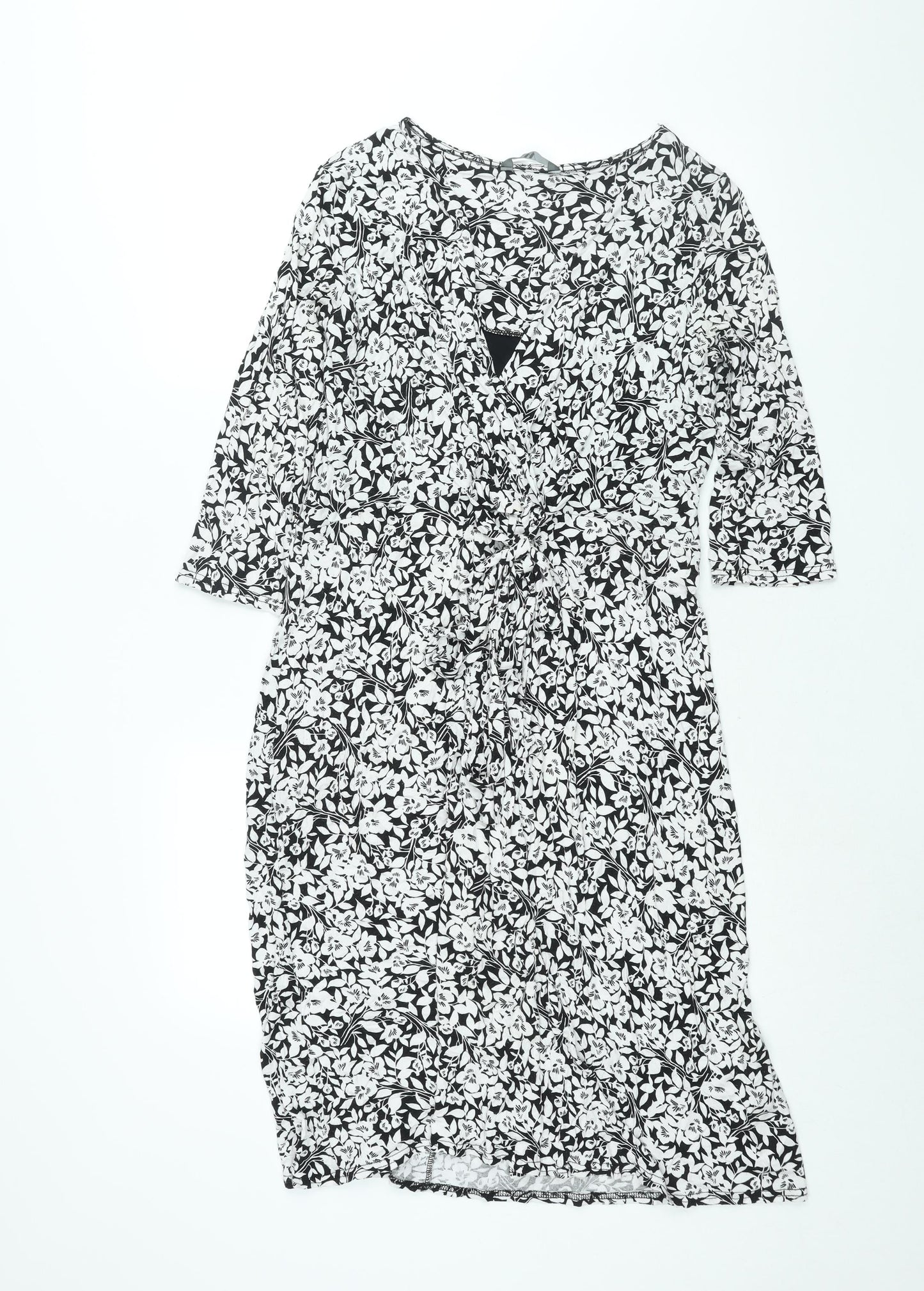 BHS Womens Black Floral Viscose Shift Size 16 V-Neck Pullover - Tie Detail