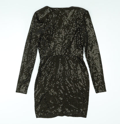 River Island Womens Black Polyester Bodycon Size 10 V-Neck Pullover - Shoulder Pads Gold Sequin