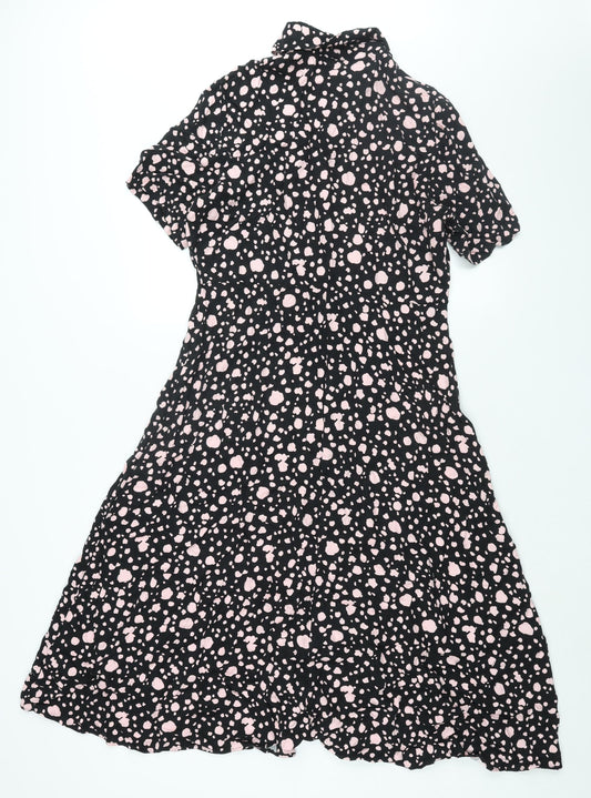 Marks and Spencer Womens Black Geometric Viscose Shift Size 14 Collared Button