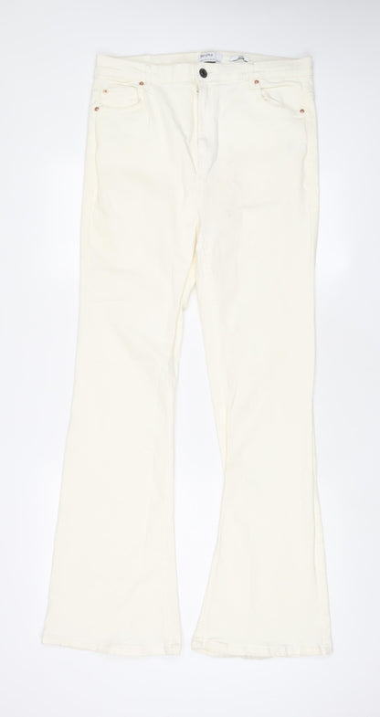 Bershka Womens Ivory Cotton Flared Jeans Size 16 L32 in Regular Zip
