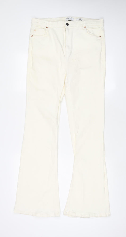 Bershka Womens Ivory Cotton Flared Jeans Size 16 L32 in Regular Zip