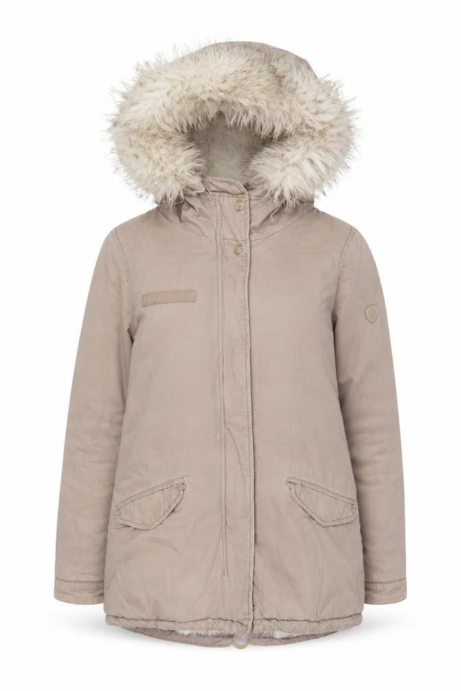 Front view of Only women’s pink parka coat, size S, zip