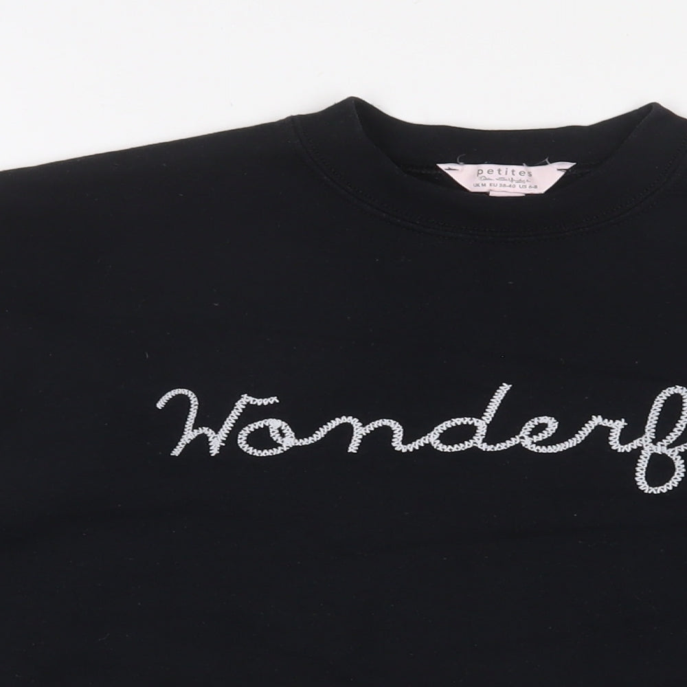 Close-up detail of Miss Selfridge women’s black cotton pullover sweatshirt, size M, pullover