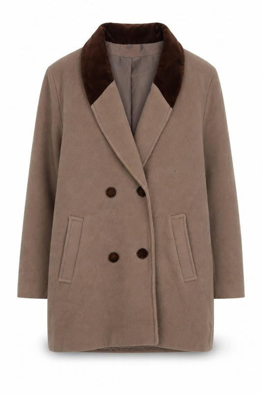 Front view of NuAge women’s brown overcoat coat, size UK 12, button