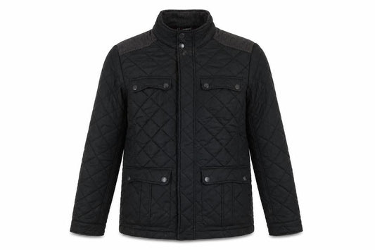 Front view of Maine New England men’s black quilted jacket, size S, zip