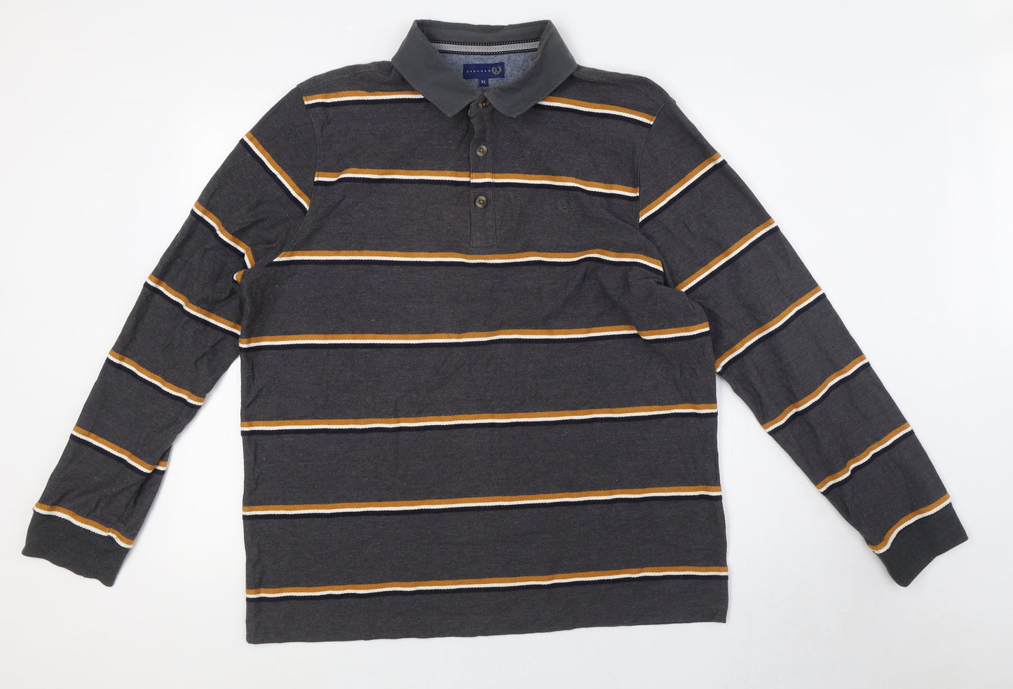 Lincoln Mens Grey Striped Cotton Button-Up Size XL Collared - Yellow, Navy