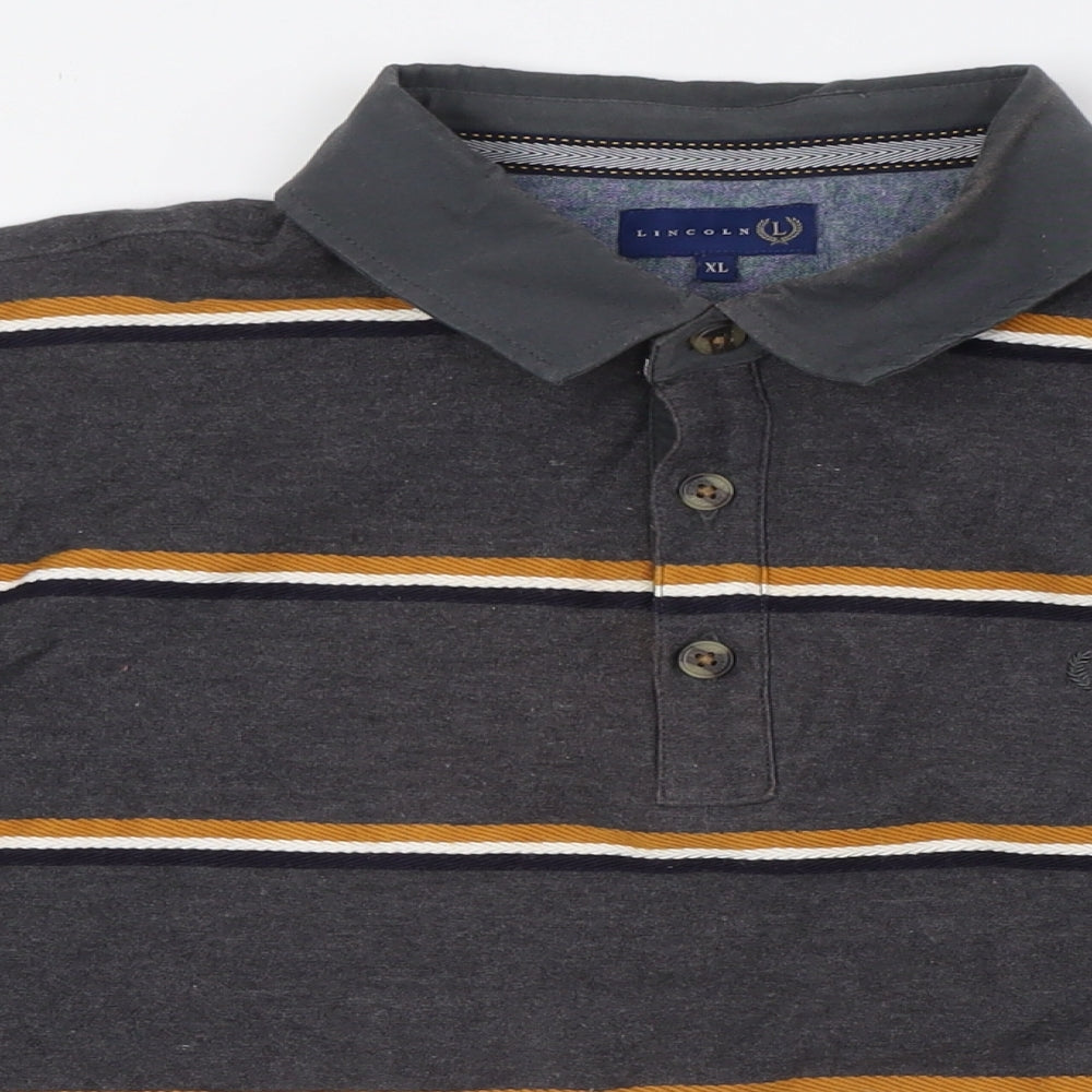 Lincoln Mens Grey Striped Cotton Button-Up Size XL Collared - Yellow, Navy