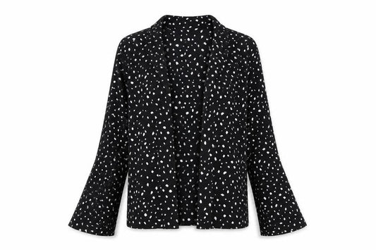Front view of ASOS women’s black polyester basic button-up, size UK 10, v-neck - open front