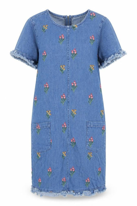 Front view of Red Herring women’s blue cotton sheath, size UK 10, round neck - embroidered flowers