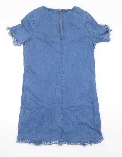 Red Herring Womens Blue Cotton Sheath Size 10 Round Neck - Embroidered Flowers