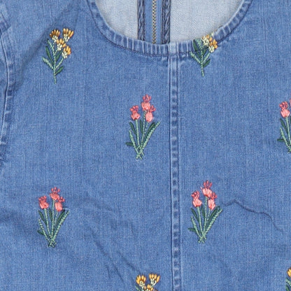 Red Herring Womens Blue Cotton Sheath Size 10 Round Neck - Embroidered Flowers